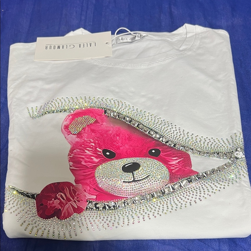 Laia Glamour White Tee with Pink Teddy and Rhinestones